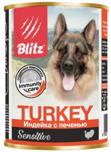 Blitz Sensitive консервированный корм Индейка с печенью для собак всех пород и возрастов, Блитс