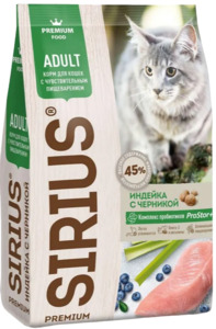 Sirius для кошек c чувствительным пищевареним Индейка и черника, Сириус
