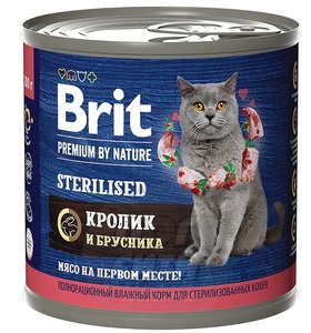 Brit premium by nature sterilised cat консервы с мясом кролика и брусникой, Брит