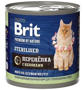 Brit premium by nature sterilised cat консервы с мясом перепёлки и яблоками, Брит