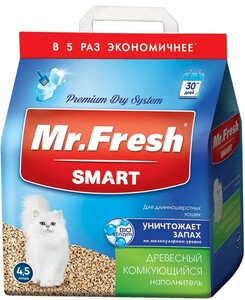 Наполнитель Mr.Fresh Smart древесный комкующийся для длинношерстных кошек, Мистер Фреш 18 л
