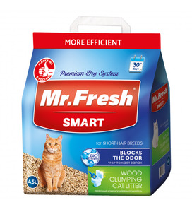 Наполнитель Mr.Fresh Smart древесный комкующийся для короткошерстных кошек 9л
