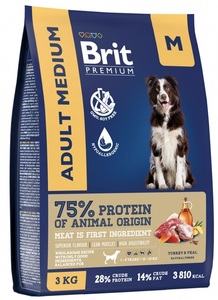 Brit Premium Dog Adult Medium с индейкой и телятиной, Брит Премиум 1 кг