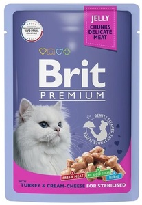 Brit Premium в желе для стерилизованных кошек, индейка сыр,Брит