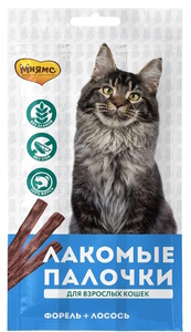 Мнямс Лакомые палочки для кошек, лосось и форель