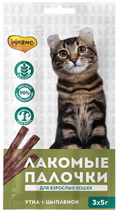 Мнямс Лакомые палочки для кошек, цыпленок и утка