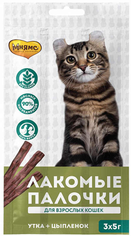 Мнямс Лакомые палочки для кошек, цыпленок и утка