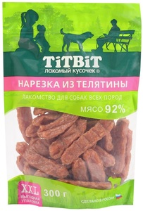 TitBit нарезка из телятины для собак всех пород XXL, ТитБит 300 г