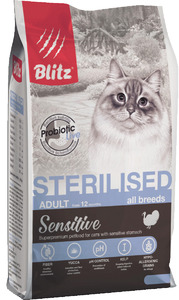 Blitz Sensitive с индейкой сухой корм для стерилизованных кошек, Блитс