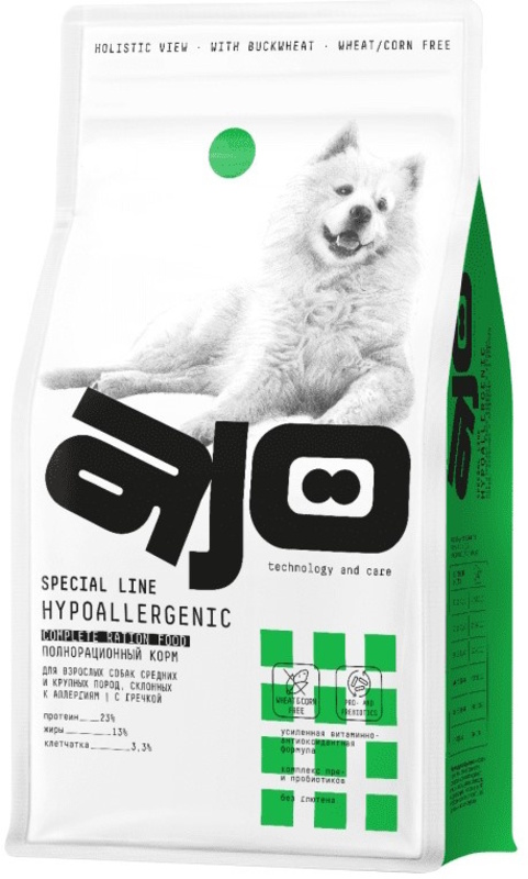Корм Айо Hypoallergenic для средних и крупных пород собак с гречкой, AJO