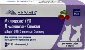 Милоджик УРО Д-манноза и клюква для мелких собак и кошек, Milogik 30 таблеток