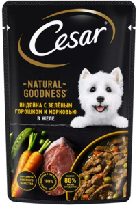 Цезарь пауч индейка с зелёным горошком и морковью в желе для собак, Cesar 80 г