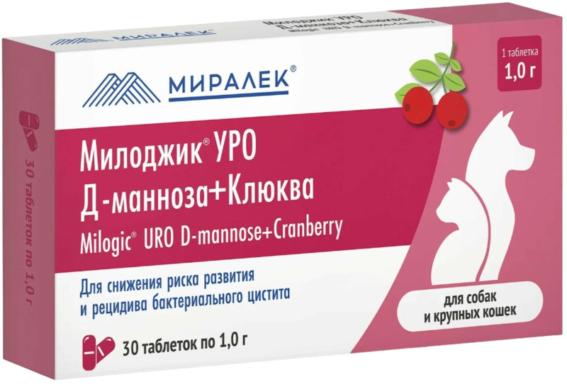 Милоджик УРО Д-манноза и клюква для собак и крупных кошек