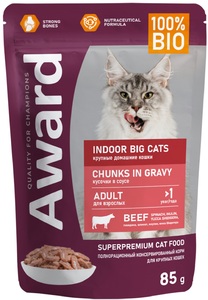 Влажный корм Award Indoor для кошек крупных пород кусочки в соусе с говядиной, Аворд 85 г