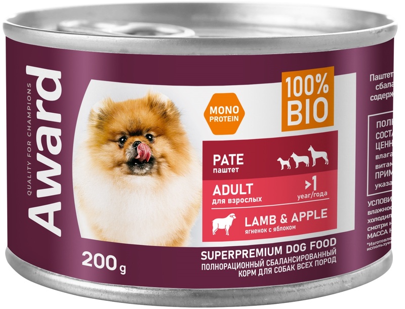 Влажный корм Award для взрослых собак паштет из ягненка с яблоком, Авард