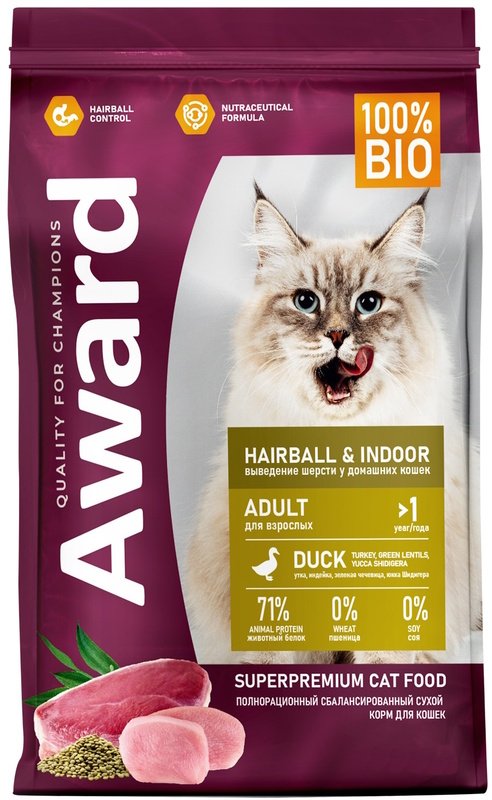 Сухой корм Award Hairball & Indoor утка, индейка и зеленая чечевица, Авард