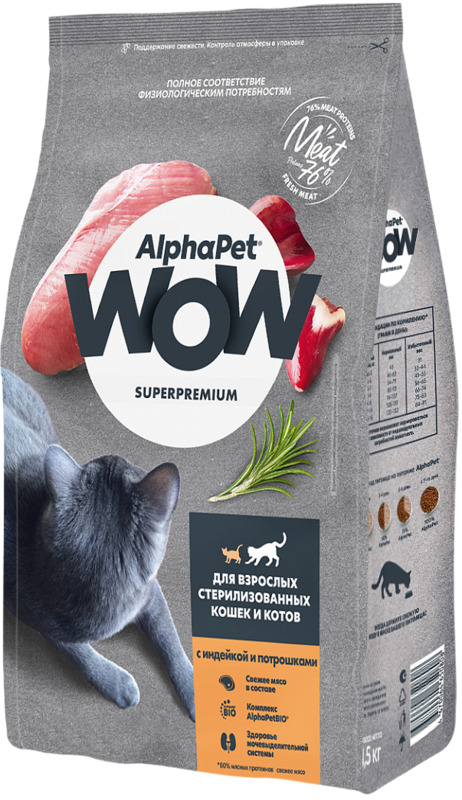 AlphaPet WOW с Индейкой и потрошками сухой для стерилизованных кошек, АльфаПет