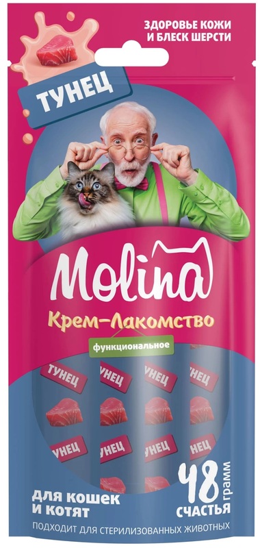 Функциональное крем-лакомство Molina с тунцом для взрослых кошек Здоровая кожа и шерсть, Молина