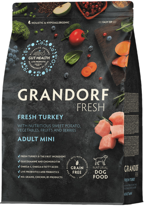 Grandorf Fresh Мясо индейки с бататом для собак мелких пород,  Грандорф Беззерновой корм с живыми пробиотикамиБеззерновой корм с живыми пробиотиками