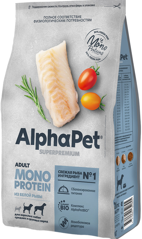 AlphaPet Superpremium Monoprotein из Белой рыбы для собак средних и крупных пород, АльфаПет