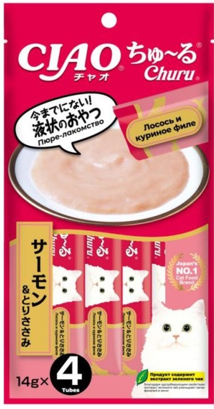 Inaba Ciao Churu пюре для кошек Лосось и куриное филе, Инаба