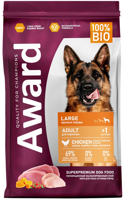 Сухой корм Award для взрослых собак крупных пород с курицей и индейкой, Авард