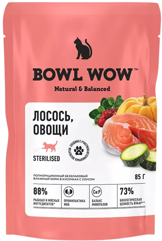 Bowl Wow лосось и овощи в соусе для стерилизованных кошек, Боул Вау