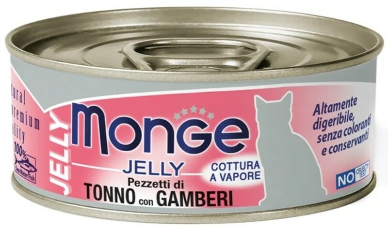 Монж jelly Adult cat с желтоперым тунцом и креветками, Monge