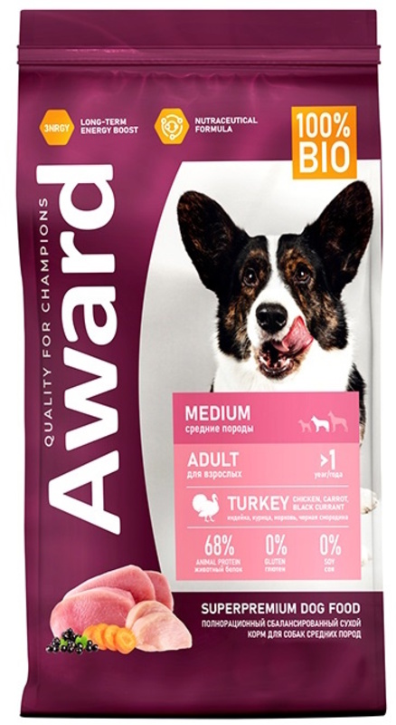 Сухой корм Award для собак средних пород с индейкой и курицей, Авард