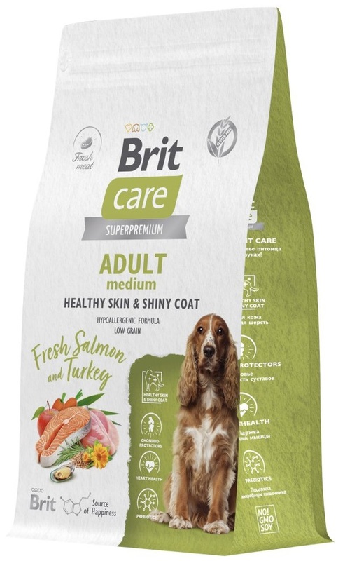 Brit Care Dog Adult Healthy Skin&Shiny Coa лосось и индейка для собак средних пород, Брит Кеа