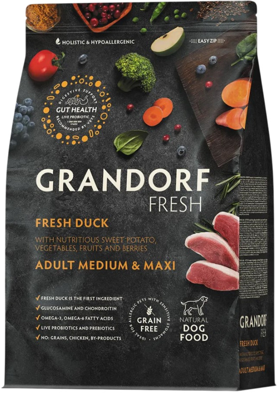 Grandorf Fresh Мясо утки с бататом для собак средних и крупных пород, Грандорф Беззерновой корм с живыми пробиотиками