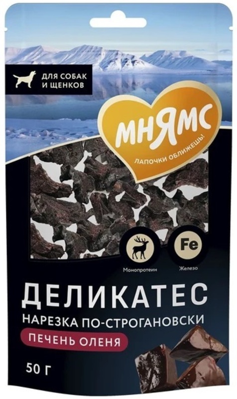 Деликатес Мнямс Нарезка по-строгановски из печени северного оленя для собак