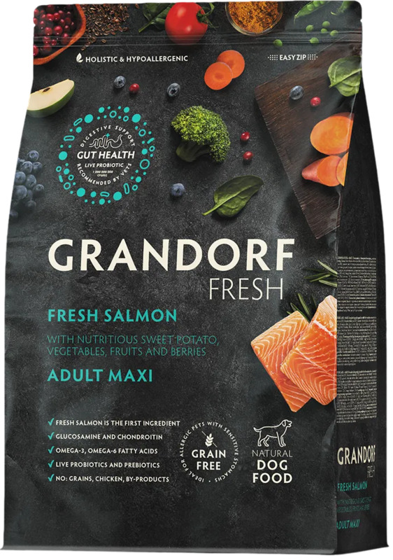 Беззерновой корм с живыми пробиотиками Grandorf Fresh c филе лосося с бататом для собак крупных пород, Грандорф