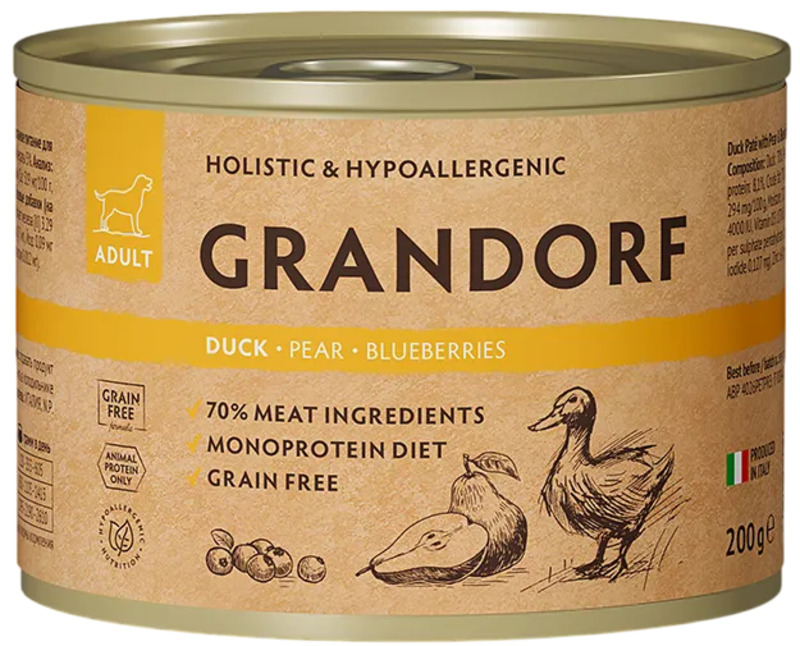Паштет Grandorf из утки с грушей и черникой для собак, Грандорф
