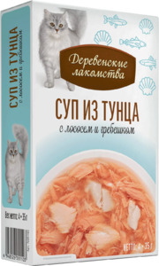 Деревенские лакомства для кошек суп из тунца с лососем и гребешком