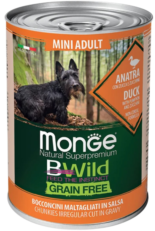 Консервы Монж BWild Grain free для собак мелких пород из утки с тыквой и кабачками, Monge