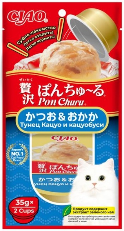 Лакомство суфле Инаба Чао Пон Чуру для кошек тунец Кацуо и кацуобуси, Inaba Ciao Pon Churu 
