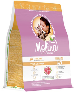 Сухой корм Молина с уткой и курицей для взрослых стерилизованных кошек, Molina