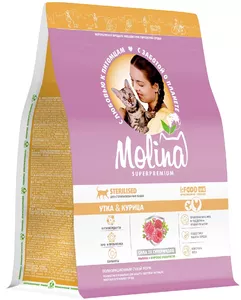 Сухой корм Молина с уткой и курицей для взрослых стерилизованных кошек, Molina