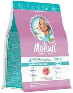 Сухой корм Молина с ягненком и индейкой для кошек с чувствительным пищеварением, Molina