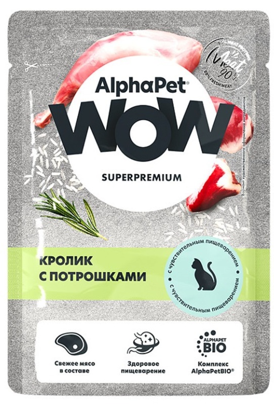 Пауч АльфаПет WOW Кролик с потрошками ломтики в соусе для кошек, AlphaPet