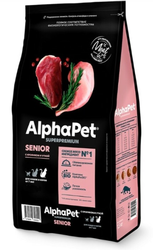 AlphaPet Superpremium с кроликом и уткой для кошек от 7 лет, АльфаПет