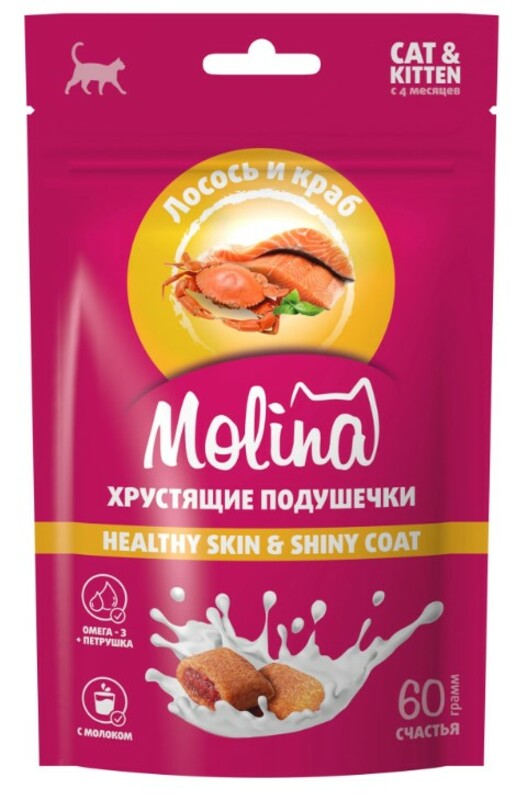 Лакомство MOLINA Хрустящие подушечки с лососем и крабом HEALTHY SKIN & SHINY COAT, Молина 