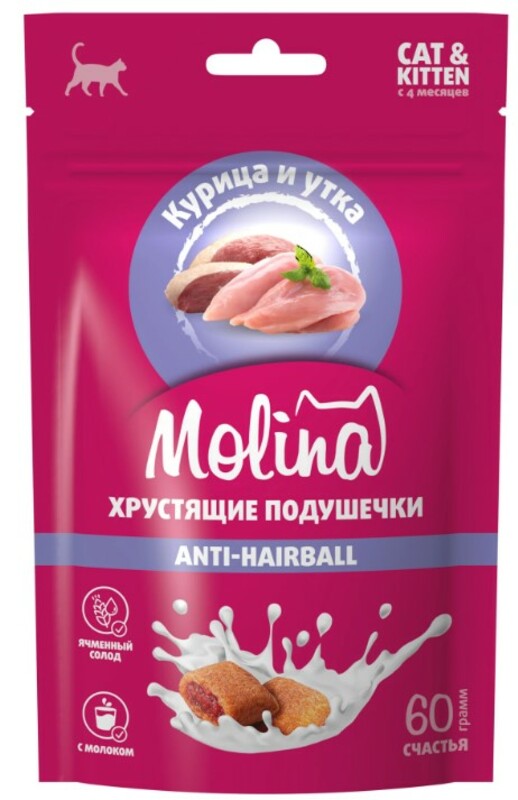 Лакомство MOLINA Хрустящие подушечки с курицей и уткой ANTI-HAIRBALL, Молина 