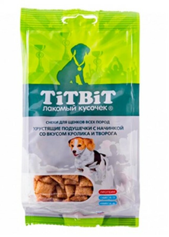 Хрустящие подушечки TitBit с начинкой со вкусом кролика и творога для щенков, ТитБит