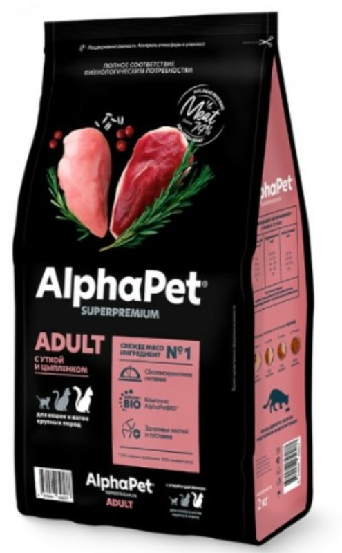AlphaPet Superpremium с уткой и цыпленком для кошек крупных пород, АльфаПет